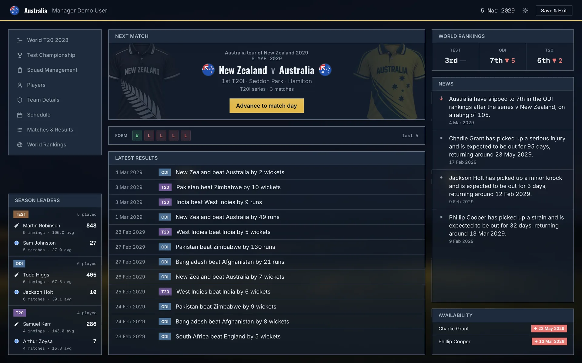 Manage one of the 12 international sides — Pick a full-member nation and play year after year.