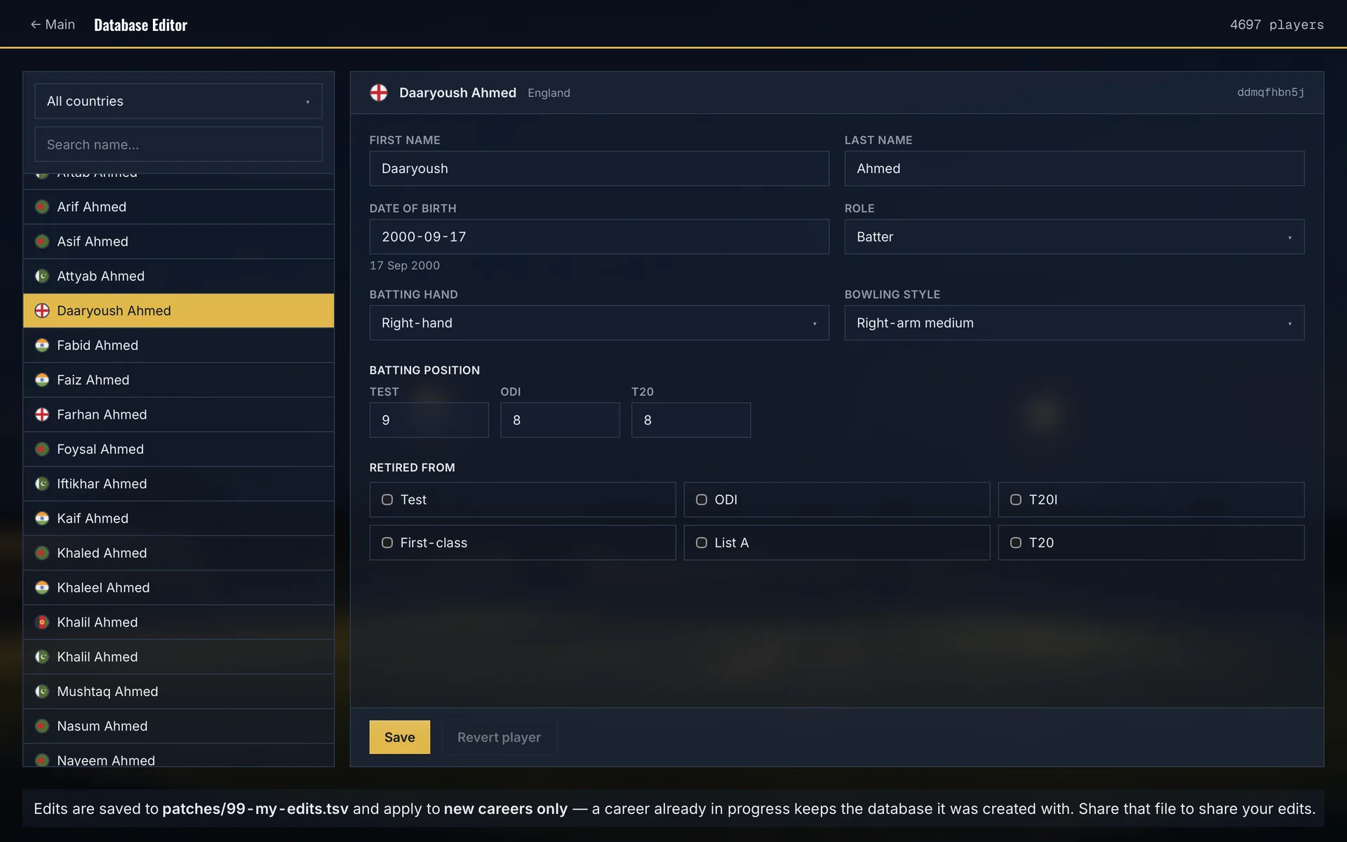 In-game database editor — Change any player, and share your changes.
